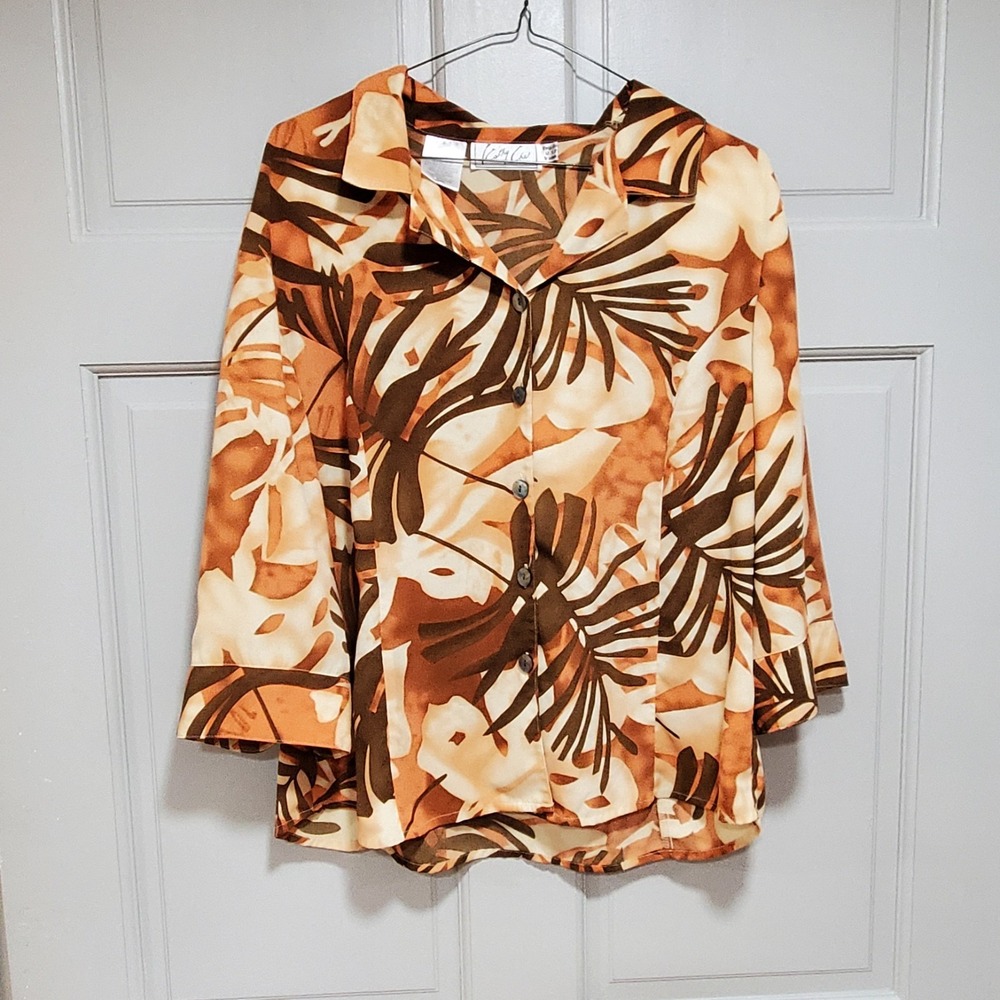 Vintage Kathy Che Blouse Women Size 12 Tropical Palm Leaf Fall Earthy Retro Top